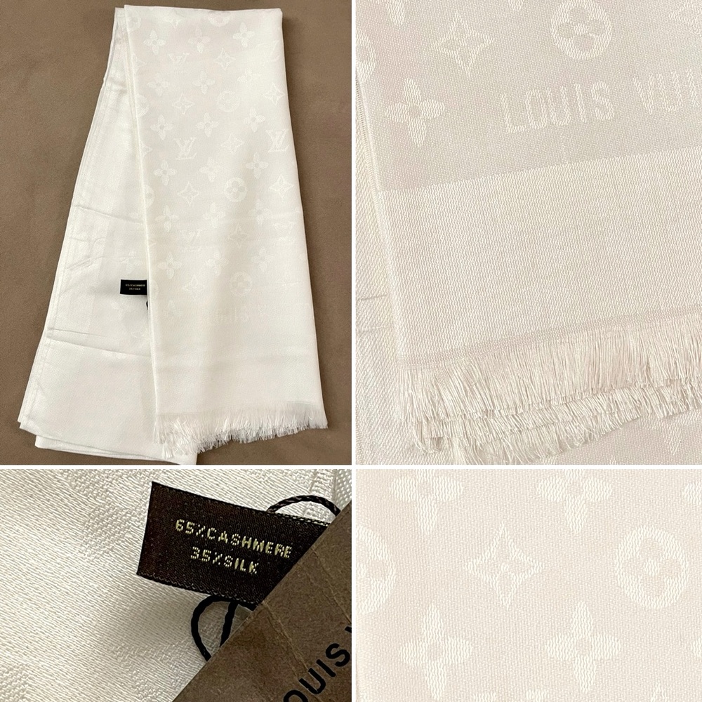 L V Châle Monogram Cashmere Silk Blend Stole Shawl Scarf in Monochromatic Colors - Picture 11 of 14